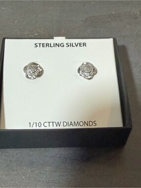 Macy's Sterling Silver Floral Diamond Stud Earrings - NWT